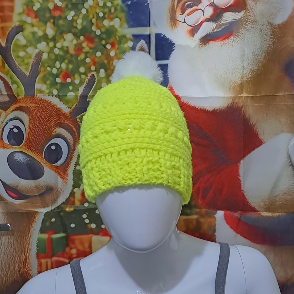 Neon Yellow Crochet Beanie with Pom Pom